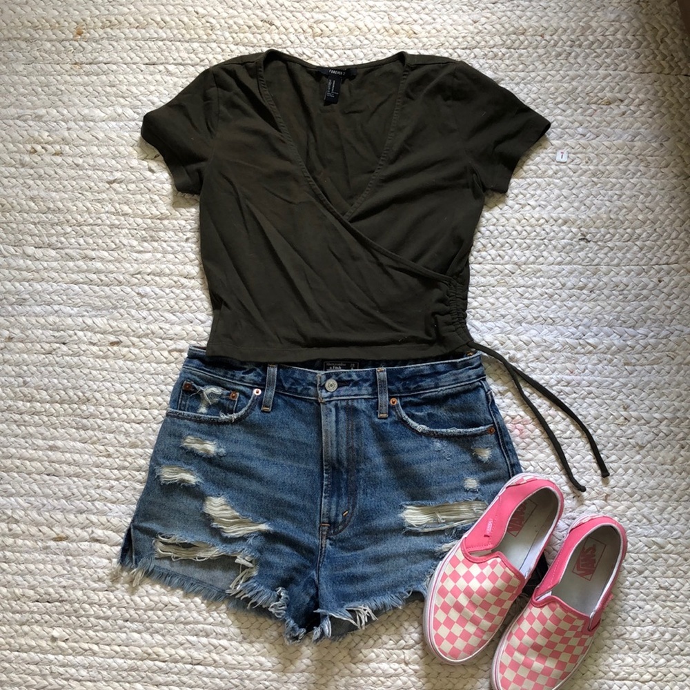 Forever 21 crop top army green faux wrap style